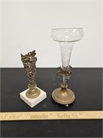 Antique Etched and Cut Flute Vase in Brass Base-