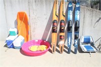Vintage Skis, Coolers, Kids Pool, Boat Seat & Sled