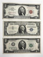 1957 B Blue Silver Certificate, $2 Red Seal