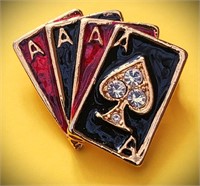 AMAZING VINTAGE ENAMEL & CRYSTAL 4 ACES BROOCH