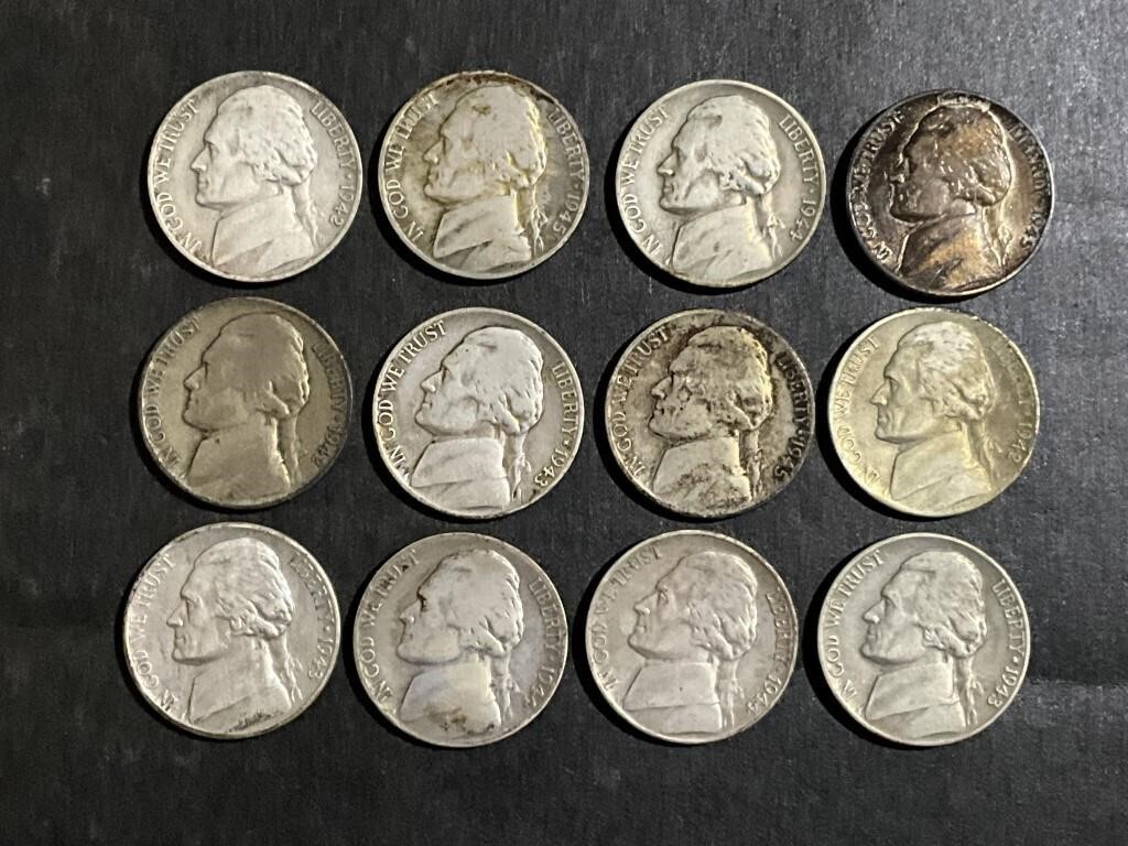 LOT OF (12) MIXED DATE JEFFERSON 35% SILVER WAR NI