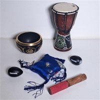 Om Singing Bowl w/ Striker, Maracas & Drum