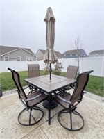 Patio Table, 4 Chairs, Umbrella & Stand