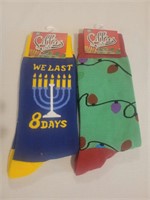 2 Holiday Crew Socks "We Last 8 Days/Lights"