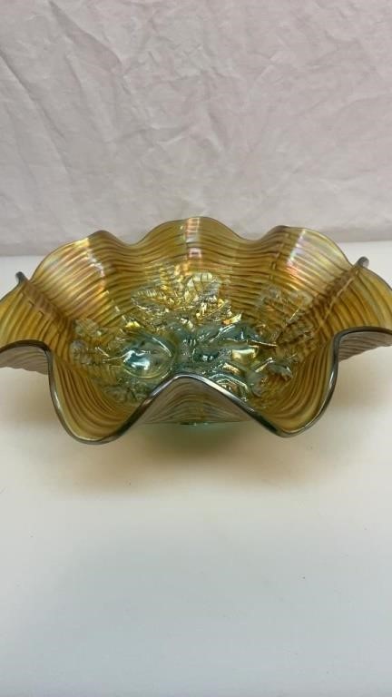 Carnival glass ruffled edge bowl