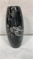 Etched granite vase with bird figures