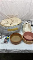 Dog bed, dog bowls, fountain water dish, etc.