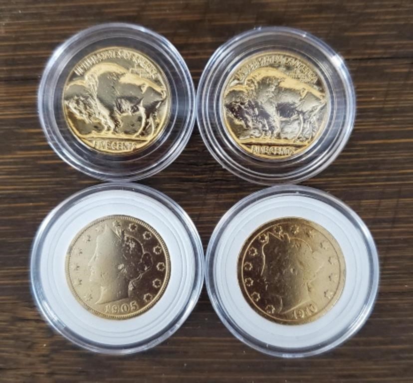 (4) Gold Plate Buffalo & Barber Nickles