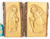 2 sculptures en bois 13"x8½ signé Janine Bourgault