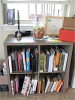 Bookcase with misc books, misc home decor lot