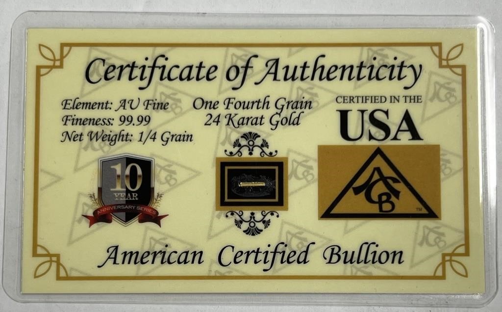 1/4 Grain of 24 Karat Gold w/Laminated COA!