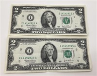 Two 2 Dollar Bills With Sequential Numbers14 &15A