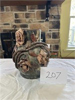 Antique Stoneware Vase Applied Flowers