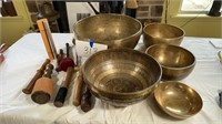 Buddhist Singing Bowls w/ Various Mallets Wands