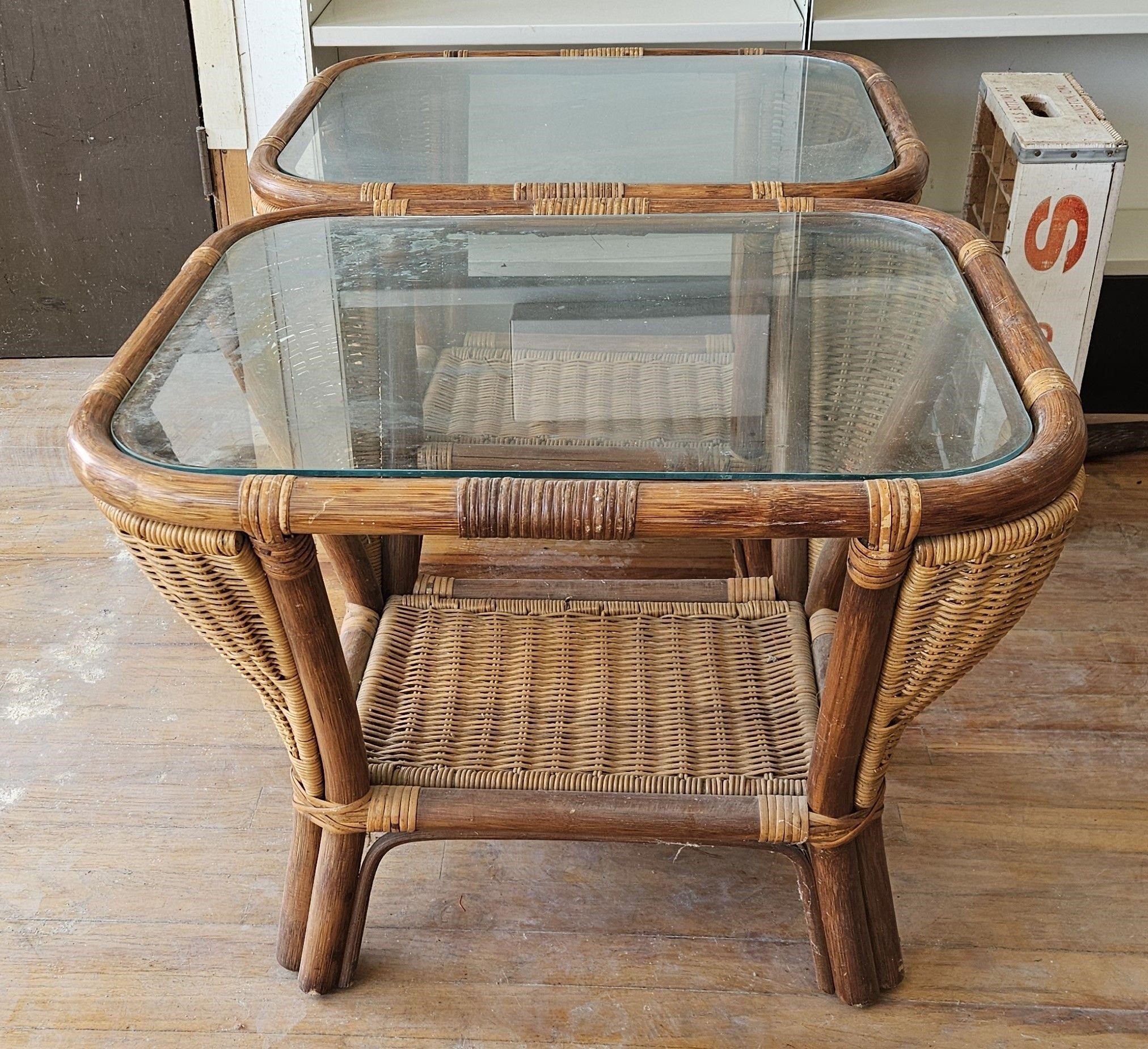 Set of 2 Whicker and Glass Side Tables