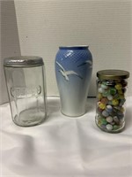 HOOSIER GLASS COFFEE JAR, JAR OF MARBLES, BLUE