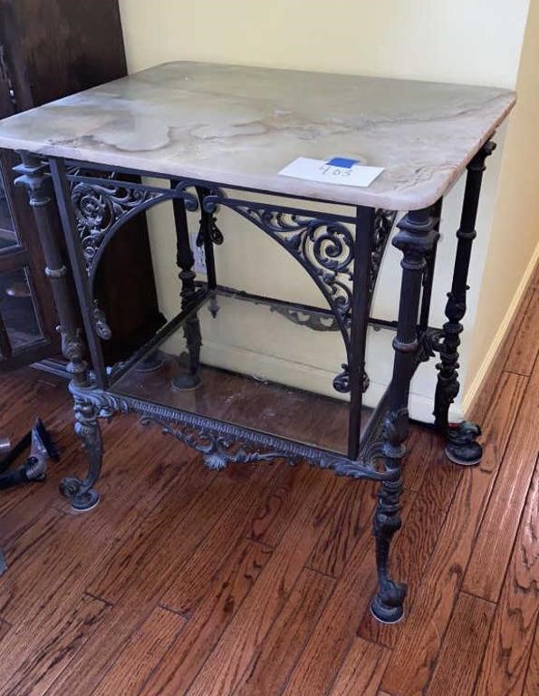 Marble? Stone Topped Cast Iron Base Table