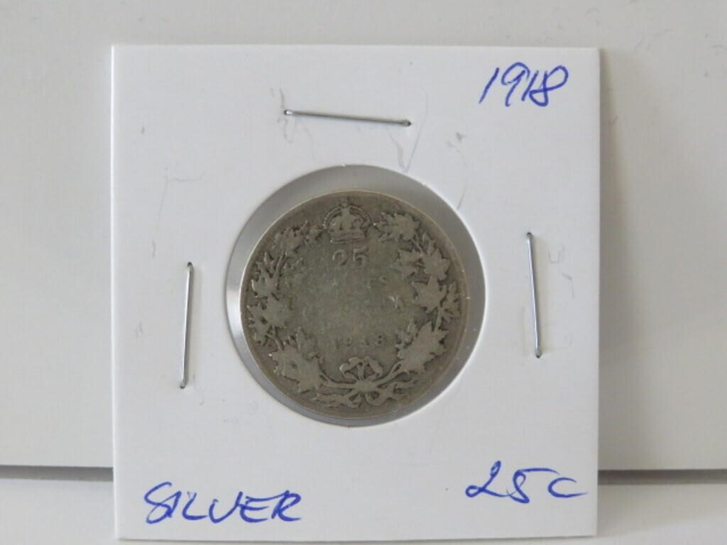 1918 CANADIAN 25 CENTS SILVER COIN