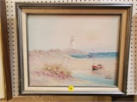 Lighthouse & Beach Oil on Canvas Painting