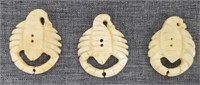 3 carved ivory scorpion pendants  2"L