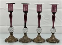 4 weighted sterling & glass candlestick holders