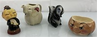 Whimsical hand painted pottery & other 3" to 6H