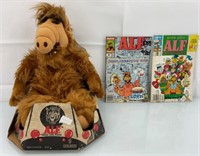 1986 Alf plush in box & 2 Alf comics