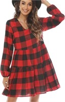 FANCYINN Womens Long Sleeve Buffalo Plaid Shift Tu