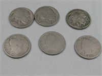 Six Buffalo & Liverty V Nickels