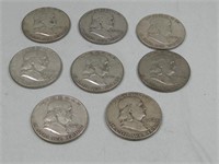 Eight Franklin Silver Half Dollars 90% Silver