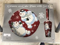 Ceramic Snowmen 10" cake plate with server