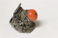 A Beautiful Chinese Coral and Carved Sterling Ring