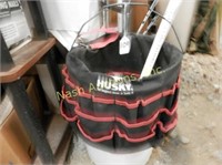 bucket w/ tool apron,  gloves, rope, miscellaneous