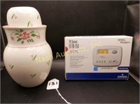 box lot w/ bedside pitcher & cup; vases, etc
