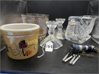 lot w/ candlestick holders; glass ice bucket