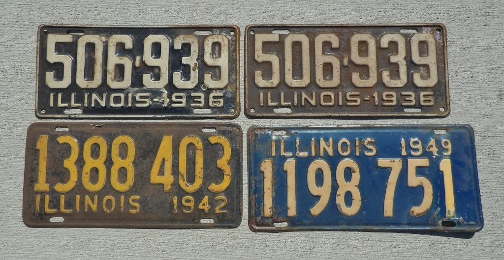 4 Illinois License Plates: 1936, 1942, 1949