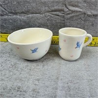 Blue Bird & Pink Hearts Ceramic Bowl & Mug