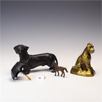 Cast iron dog, umbrella, horse, and a brass dog ba