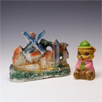 Vintage Bear and windmill chalkware