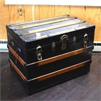 Antique Black metal and wooden steamer trunk