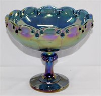 Vintage Blue Carnival Glass Pedestal Bowl 7.5" H