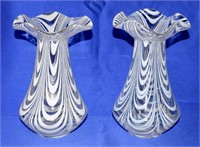 2 Vintage Art Glass White Swirl Ruffled Edge Vases