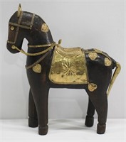 Hand Carved Wood Trojan Horse Statue w Brass