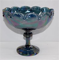 Vintage Blue Carnival Glass Pedestal Bowl