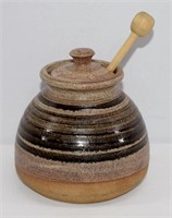 Art Pottery Honey Pot w Lid & Spoon - Signed