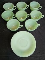 8 FIRE KING JADITE JANE RAY CUPS & SAUCERS ribbed.