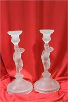 Set of 2 Frost Glass Candle Sticks