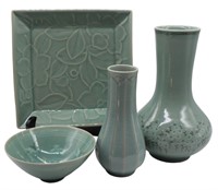 4pc Korean Crackle Glaze Vases, Bowl & Plate