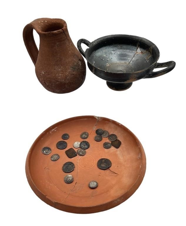 3pc Antique Pottery & Foreign Coins