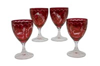 4pc Red Cut to Clear Etched  Deer Wine Glasses